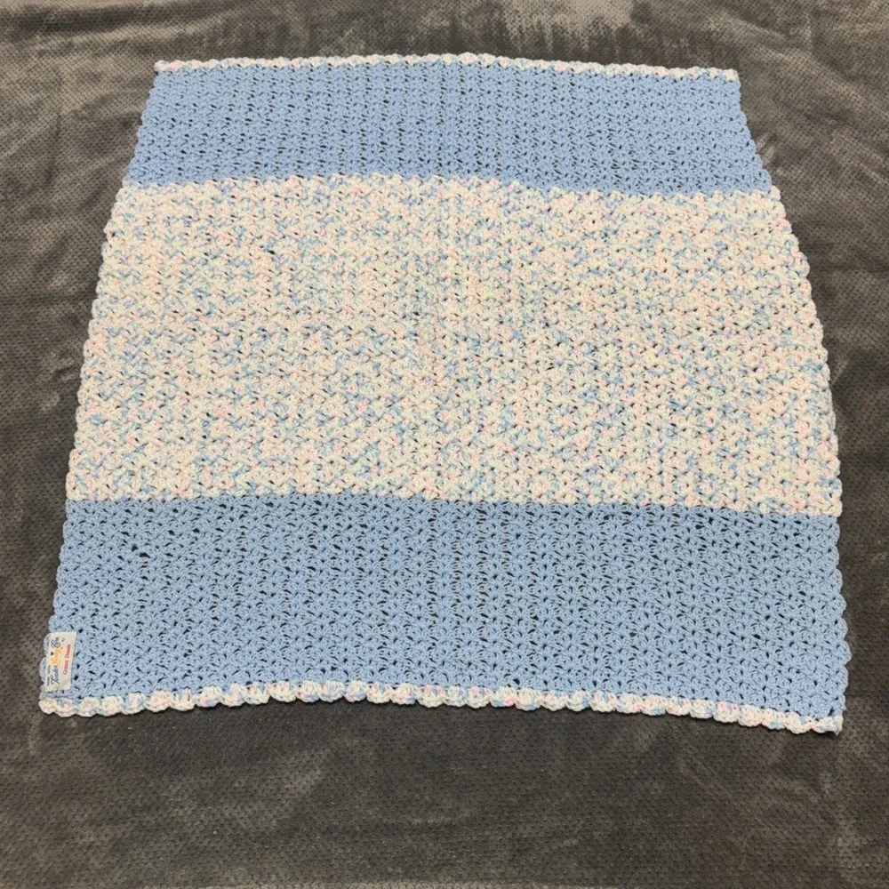 Handmade Crochet Baby Blanket Blue Pink White Striped Scalloped Border 29x30